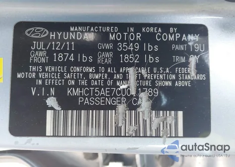 2012 Hyundai Accent Gs z USA, uszkodzony, nr VIN KMHCT5AE7CU011789